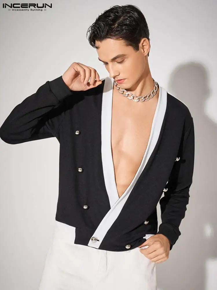 INCERUN Erkekler Blazer Patchwork Derin V Boyun Uzun Kollu Kruvaze Streetwear Takım Elbise 2022 Moda Rahat Erkekler İnce Blazer S-5XL