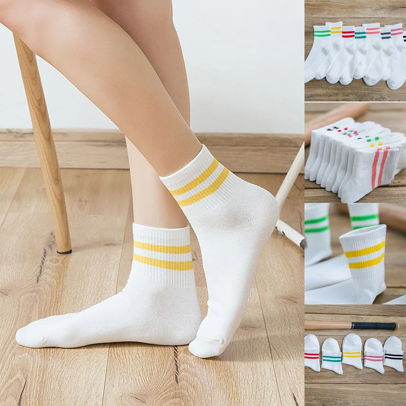 İlkbahar Sonbahar Yeni Kadın Pamuklu Çorap Düz Renk Çizgili Orta Tüp Spor Nefes Çorap