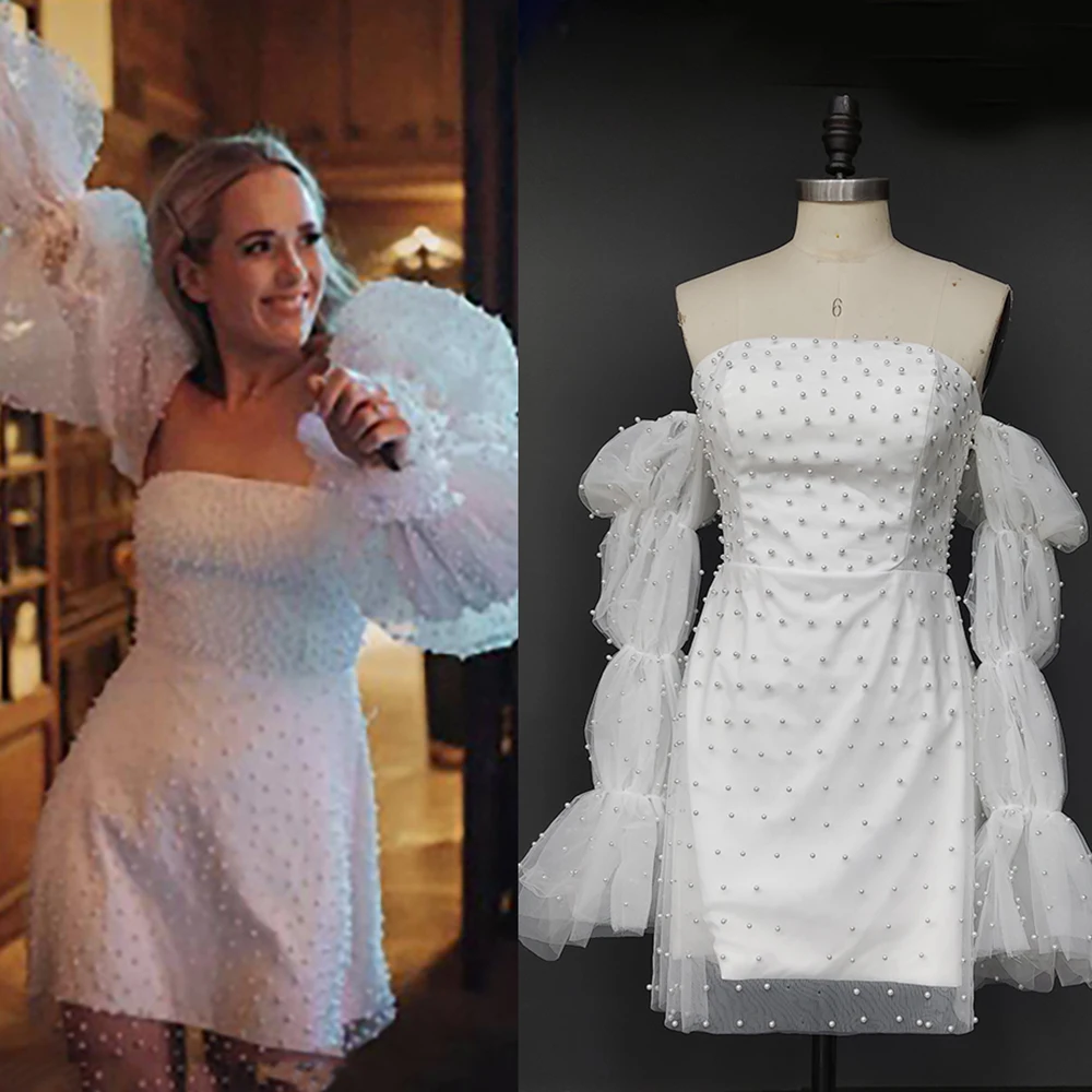 İnciler Çivili Uzun Puf Kollu düğün elbisesi Custom Made Backless Sweep Tren Bir Çizgi Krem Beyaz Lüks Kare Boyun gelinlikler