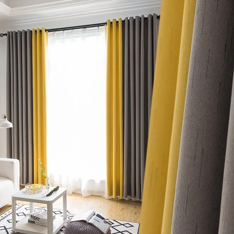 İskandinav Sarı Keten Perdeler Oturma Odası Yatak Odası için Pencere Gri Perde Hazır