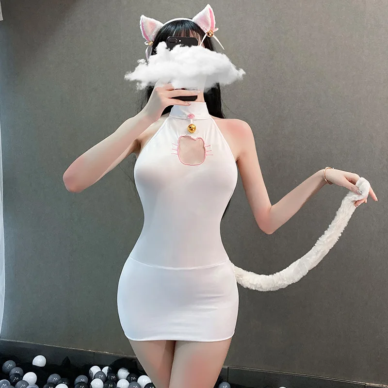 Japon Seksi Kedi Kostüm Kadınlar Kızlar için Beyaz Siyah Roleplay Striptizci Giysi Erotik Anime İç Çamaşırı Cosplay Kıyafet Tavşan Takım Elbise