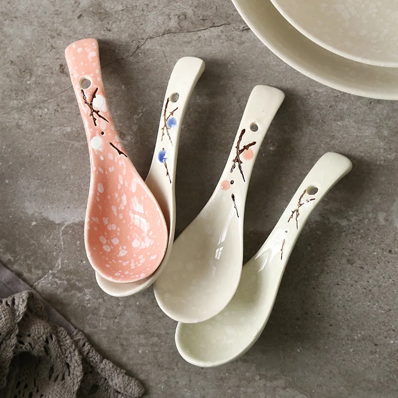 Japon Seramik Kaşık El Boyama Porselen çorba kaşığı Mutfak pişirme aletleri Aracı Yaratıcı Süt Karıştırma Kaşığı Sofra