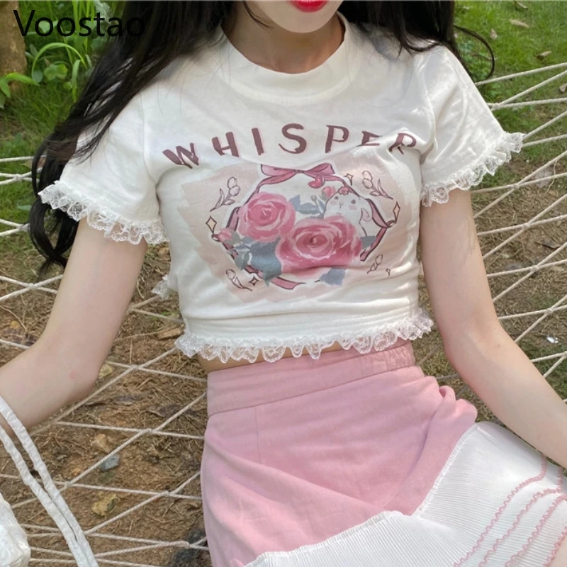Japon Tatlı Lolita Tarzı T-Shirt Kadın Harajuku Sevimli Gül Tavşan Baskı Dantel Ruffles Mahsul Tops Kızlar O-Boyun Geri Bandaj Tees