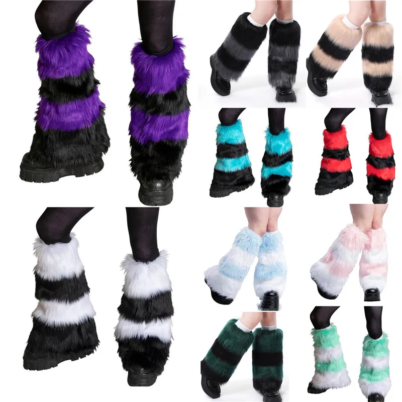 Kadın Faux Kürk bacak ısıtıcısı Çizme Bayanlar Kalın Kabarık Kontrast Renk Şerit Desen İsıtıcı Çizme Manşet Çorap Kış için