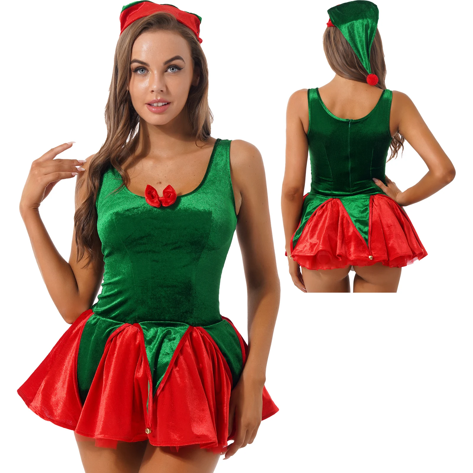 Kadın Kadife Kırmızı-yeşil Elbise için Noel U-Boyun Kolsuz İlmek Çan Dekor Etek Renk Blok Alevlendi ve Şapka Rol Oynamak Bez