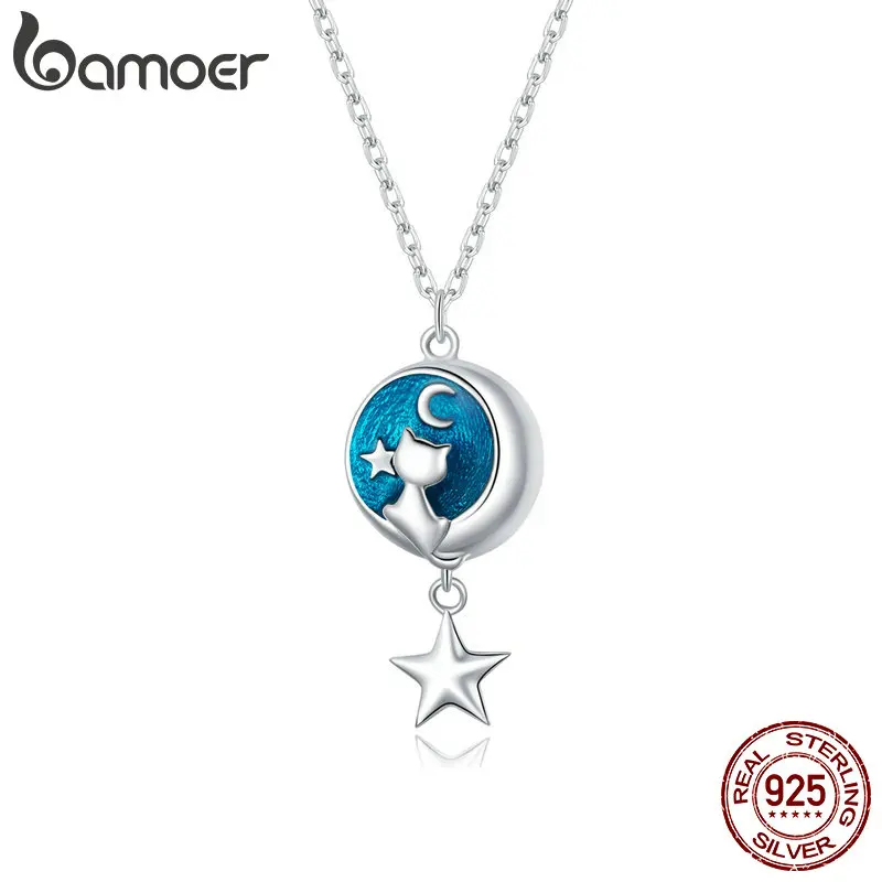 Kadınlar için Bamoer Hakiki 925 ayar Gümüş Mavi Mine Ay & Kedi Kolye Star Boyun Zinciri Hediye Güzel Takı SCN422