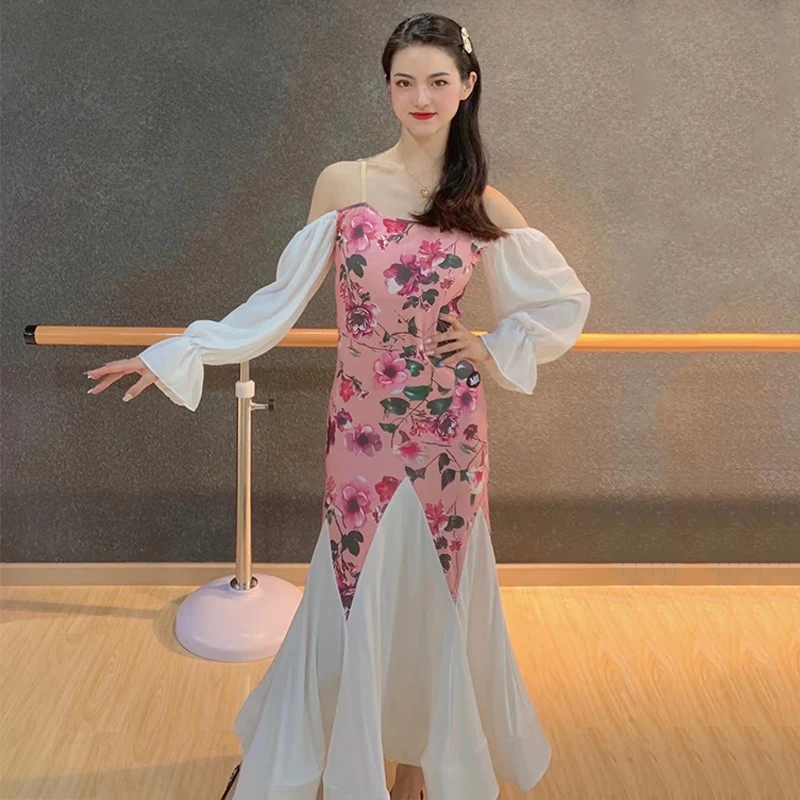 Kadınlar Vals Kostüm Performans Rekabet Pratik Elbise İçin 2022 Pembe Çiçek Omuz Balo Salonu Dans Elbise Giymek BL8984 