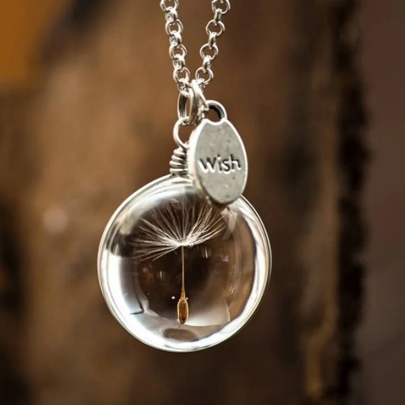 Karahindiba zaman mücevher kolye kalp şeklinde yuvarlak oval çift taraflı mücevher basit kristal kolye