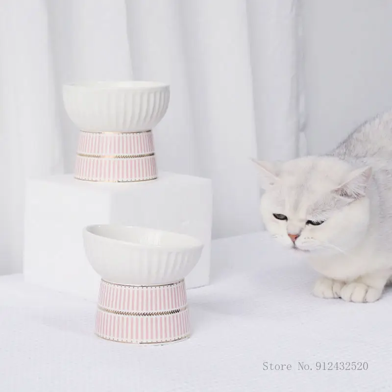 Karikatür kedi kase seramik yüksek ayak anti-devrilme koruma servikal pirinç kasesi köpek kase kedi içme suyu yiyecek kasesi malzemeleri