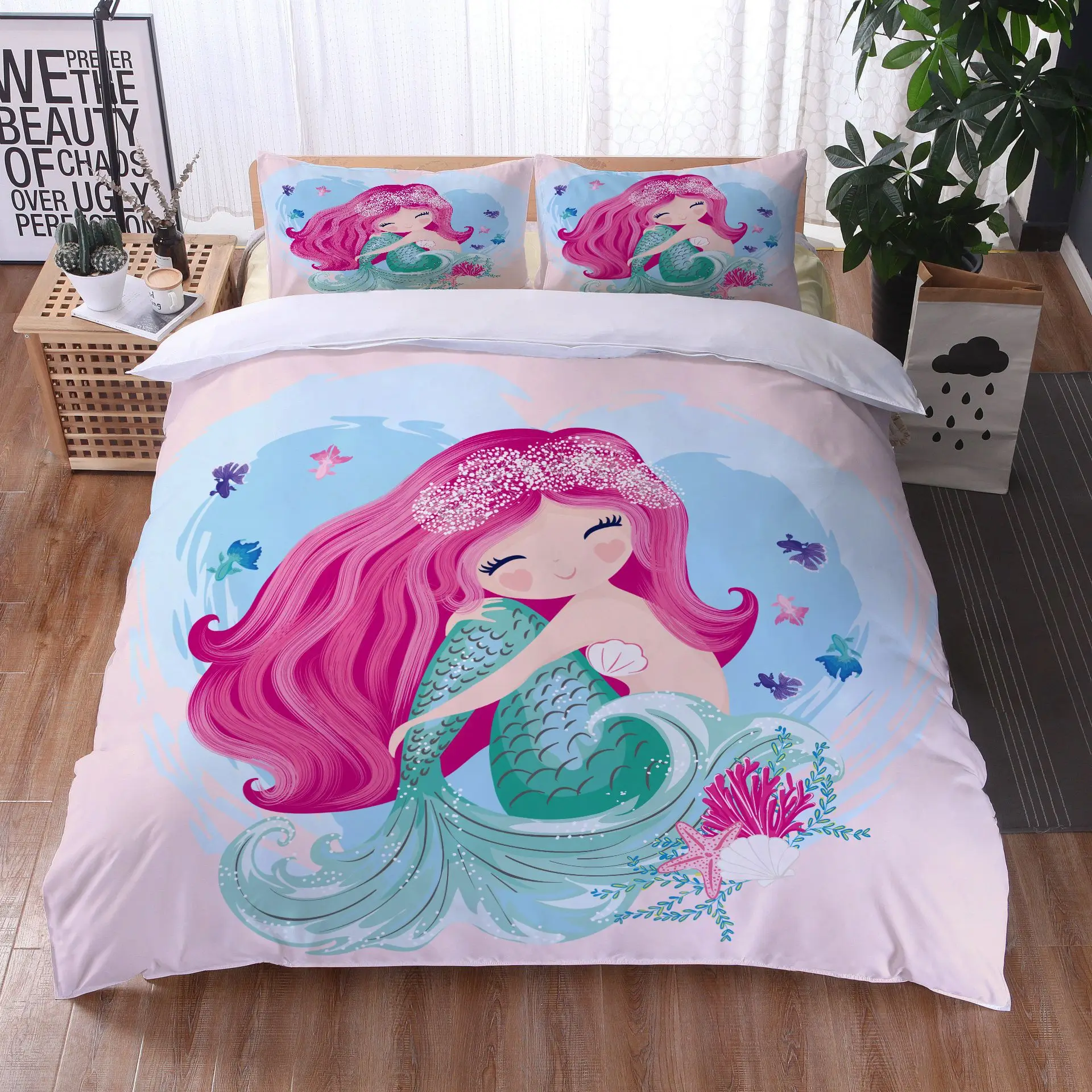 Karikatür Mermaid Nevresim Sualtı Sucul Yaşam Yorgan Kapak Okyanus Tema polyester yatak seti Çocuklar Kızlar için Tam Boy