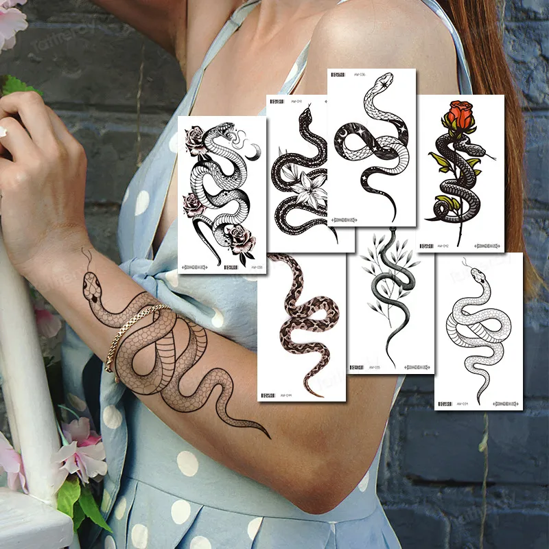 kol kol geçici dövme çıkartmalar yılan gül çiçek vücut sanatı boyama su geçirmez dövme sahte su transferi kadın erkek çıkartması