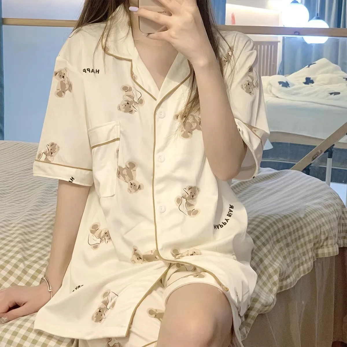 Kore Tarzı Ayı Baskı Pijama Kadın giyim setleri Yaz Sevimli Pijama Genç Kızlar için Kawaii Pijama Pijama