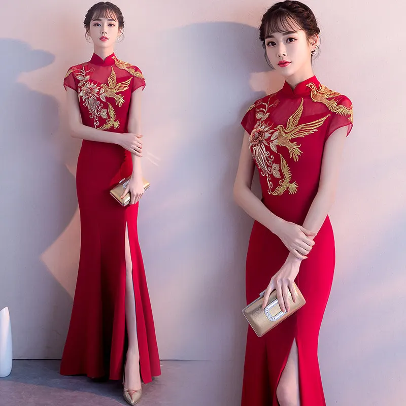 Kırmızı Mermaid düğün elbisesi Zarif Geleneksel gece elbisesi Cheongsam Elbise Seksi Uzun Qipao Nakış gelinlik modelleri Şarap