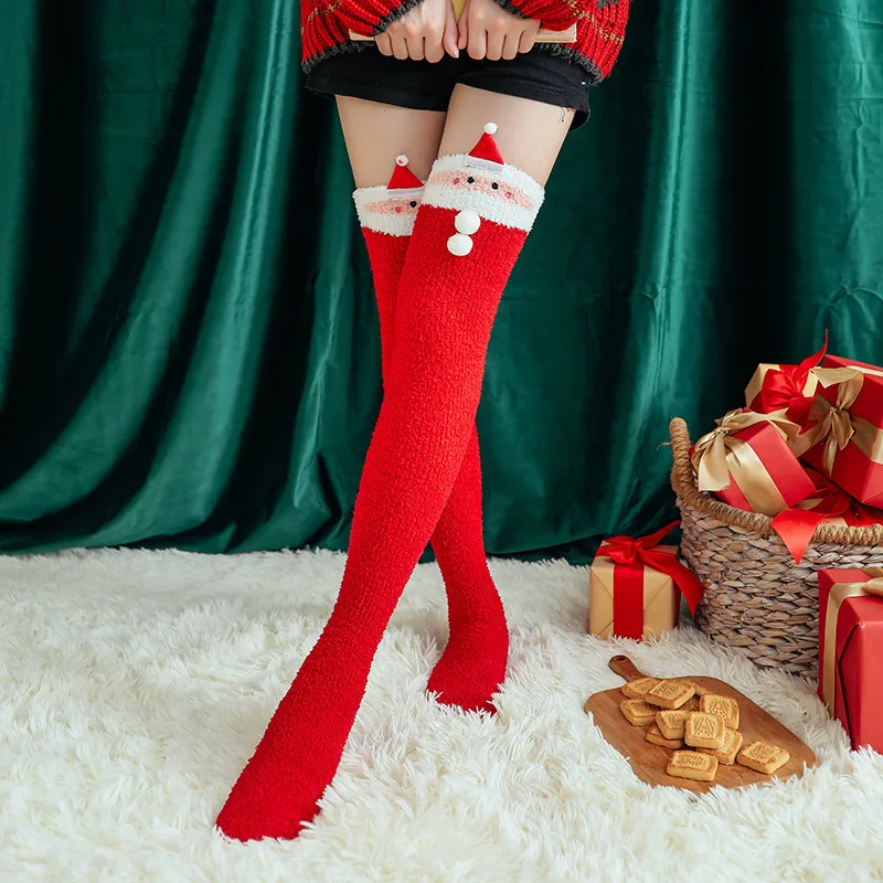 Kış ve sonbahar Yeni Stiller Noel diz çorap karikatür ışlemeli mercan polar terlik çorap uzun bacak ısıtıcıları çorap