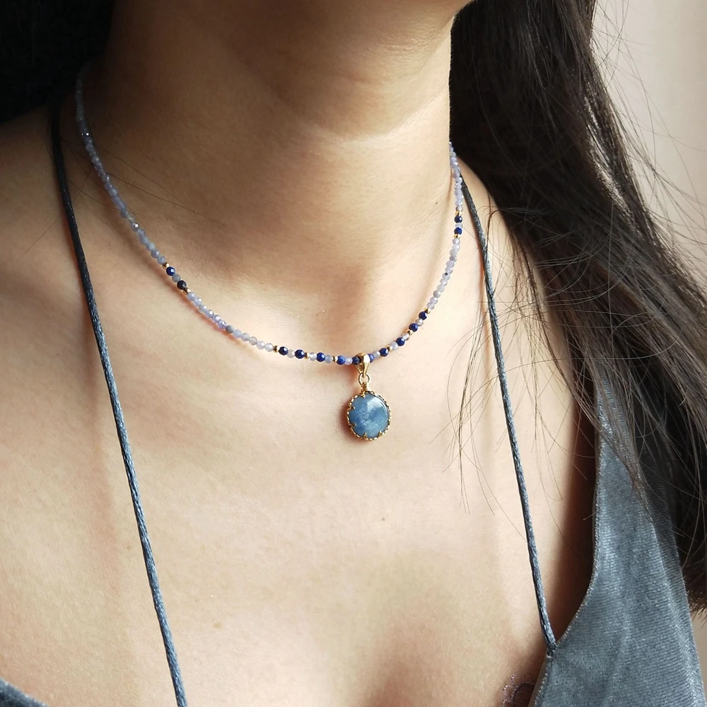 Lii Ji Kiyanit Takılar Tanzanit Lapis Lazuli 14K Altın Dolgulu Narin El Yapımı Kolye Kolye Hakiki Taş Kadınlar İçin kız