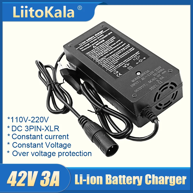 LiitoKala 42V 3A lityum pil şarj cihazı için 10S 36V li-ion pil paketi elektrikli scooter elektrikli bisiklet şarj bağlayıcı XLR