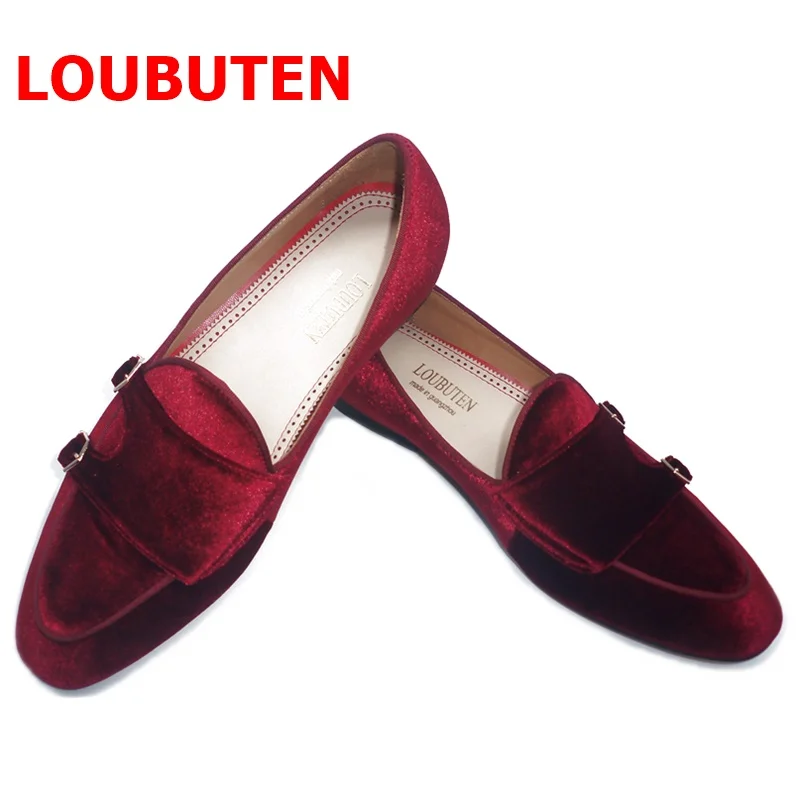 LOUBUTEN Yeni Moda Şarap kırmızı Kadife erkek ayakkabısı Lüks keşiş askısı loafer ayakkabılar Erkekler İçin Elbise Ayakkabı Parti Ve Balo Ayakkabı Erkekler