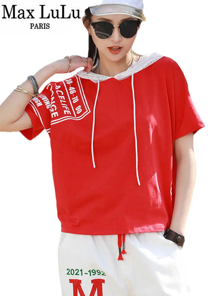 Max LuLu 2022 Moda Avrupa Tasarım Elbise Kadın Kırmızı Kapşonlu Kısa Kollu Tee Bayanlar Baskılı İpli Kapalı Omuz T-Shirt