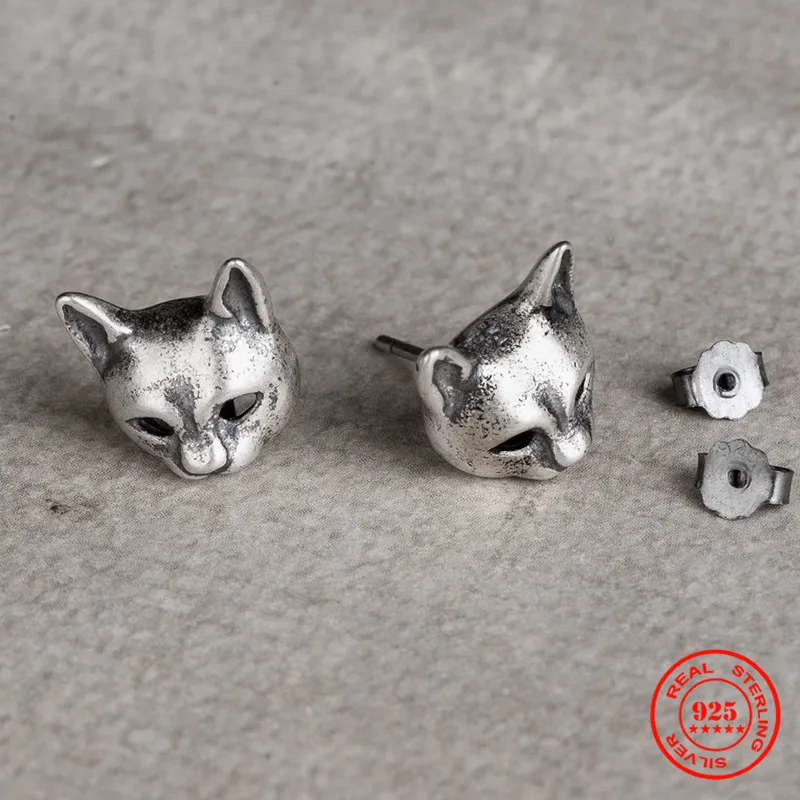 MKENDN 100 %925 Ayar Gümüş Yaratıcı Retro Kadınlar Kedi Maskesi düğme küpe Moda Sokak Punk Tarzı Kulak Pimi Güzel Takı