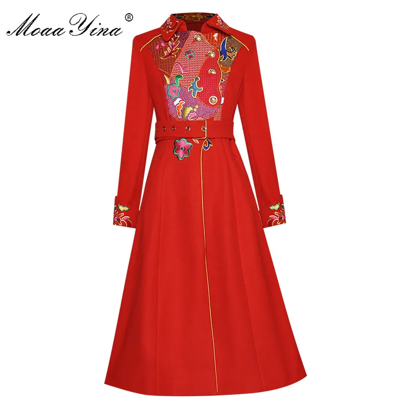 MoaaYina Moda Tasarımcısı Yünlü kumaş Palto İlkbahar Sonbahar Kadınlar Uzun kollu Tek göğüslü Nakış Palto