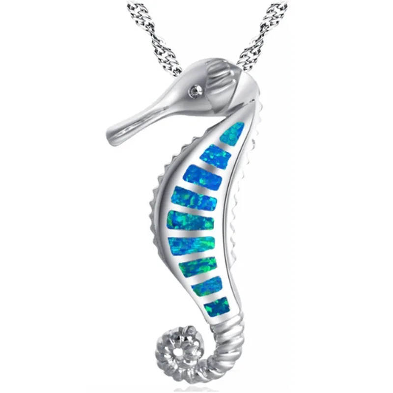 Moda Gümüş Renk Mavi Opal Gerdanlık Kolye Kadınlar Denizatı Hayvan Zincir Kolye Kolye Boho Aşk Takı Takılar Bijoux