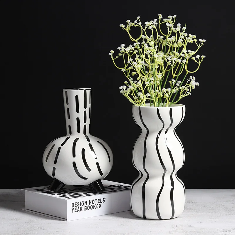 Modern Kuzey Avrupa Minimalist Siyah - beyaz Çizgili Seramik Vazo Çiçek Düzenleme Ev Modeli Odası Yumuşak Dekorasyon
