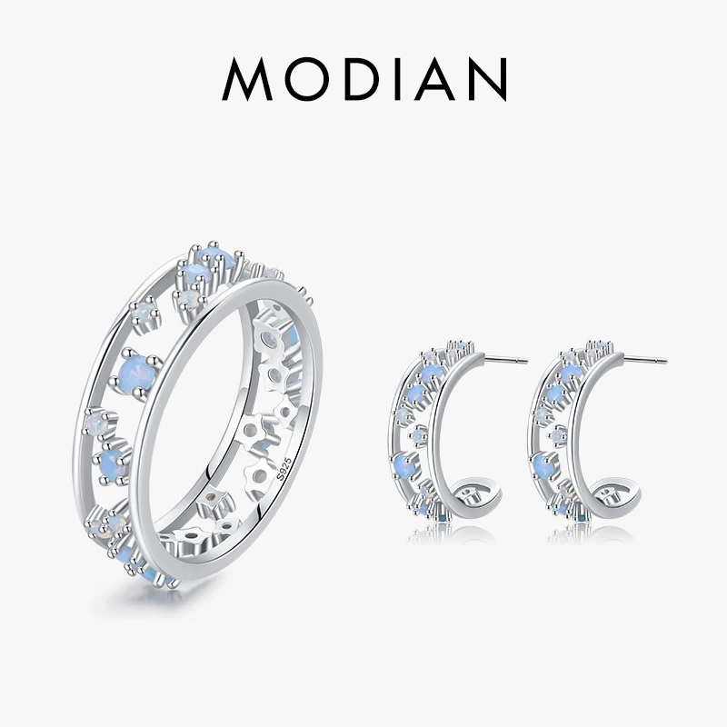 Modian Gerçek 925 Ayar Gümüş Opal moda takı Setleri Charm Hollow Out Parmak Yüzük ve Saplama Küpe Kadın Aksesuarları İçin