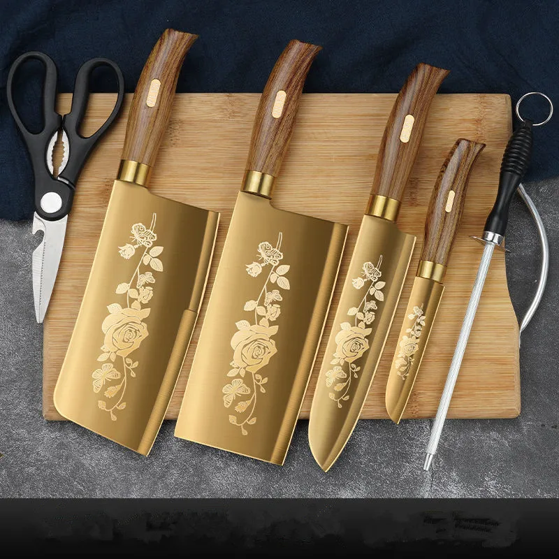 Mutfak Aksesuarları Yeni Stil Altın Titanyum Kaplama Mutfak Bıçakları Kemik Kasap Cleaver Şef Dilimleme Bıçakları Meyve Et Kesiciler