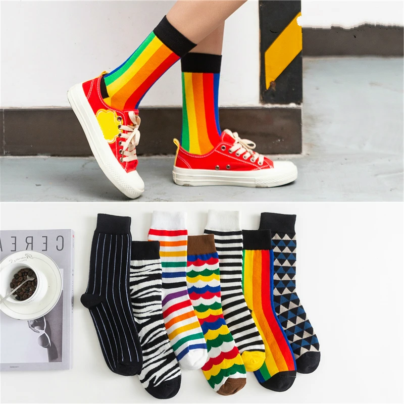 Mutlu Çorap Komik Sanat Elbise Çorap Renk Lot erkek Yaz Moda Çorap Gökkuşağı Seti Baskı Renkli Çizgili Sanat Çorap Sevimli moda