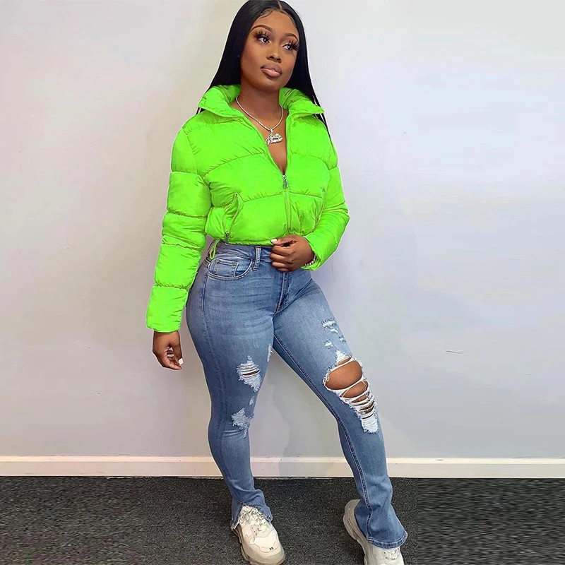 Neon Renk Kadın Bombacı Ceketler Parkas Kış Giysileri Kadın 2021 Kabarcık Kırpılmış Sıcak Kirpi Mont Artı Boyutu Giyim Streetwear