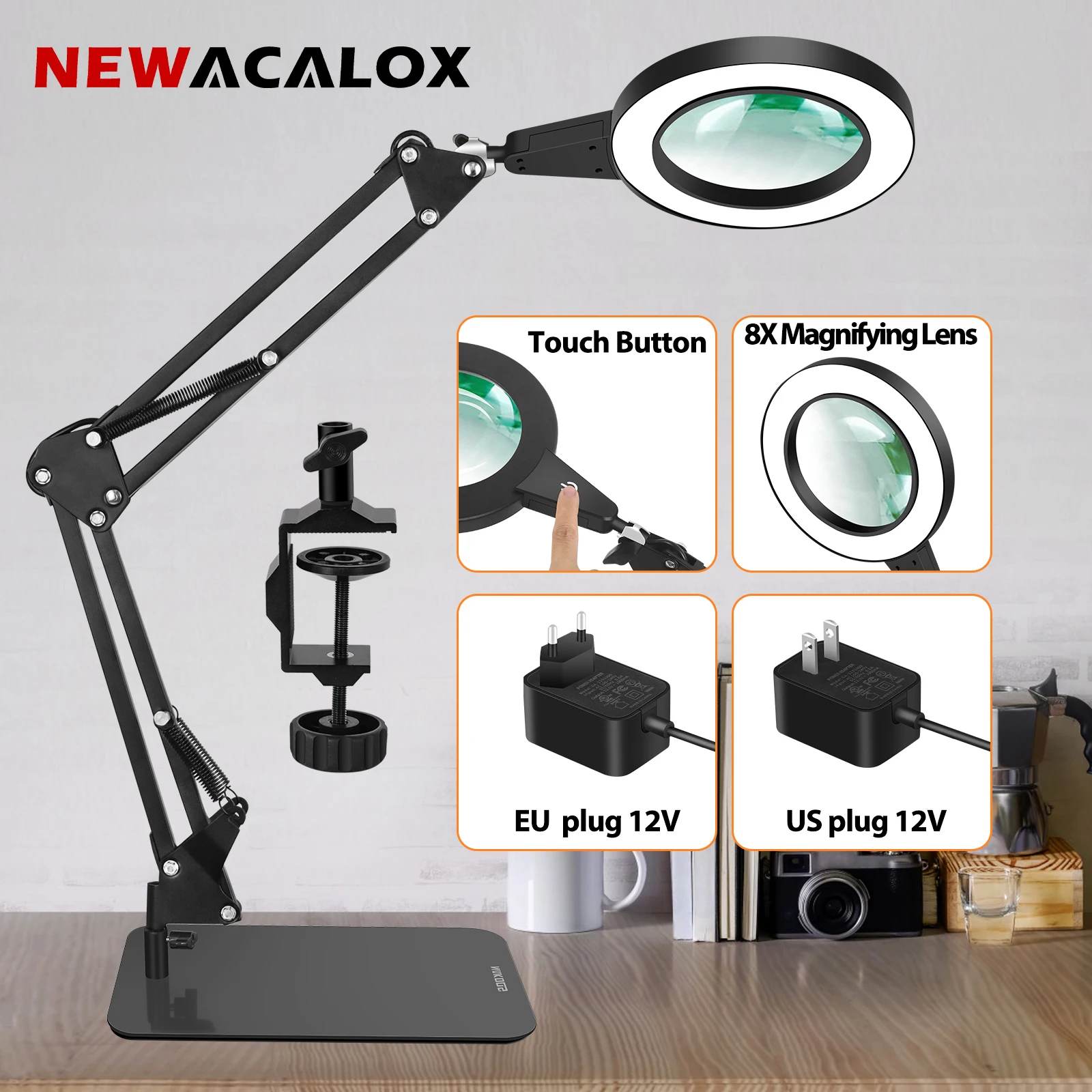 NEWACALOX 8X cam büyüteç Lens büyüteç AB / ABD 12V dokunmatik ekran kontrol LED masa lambası 108 SMD ışıkları kaynak aydınlatma