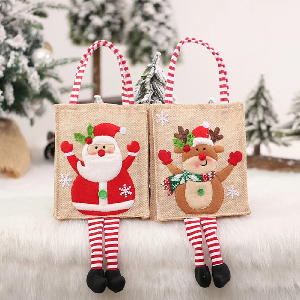 Noel Sevimli Keten Hediye Şeker Çanta Dekorasyon Sevimli Kardan Adam Noel Baba İşlemeli Tote Çanta İle Uzun Bacak Noel ağaç dekor