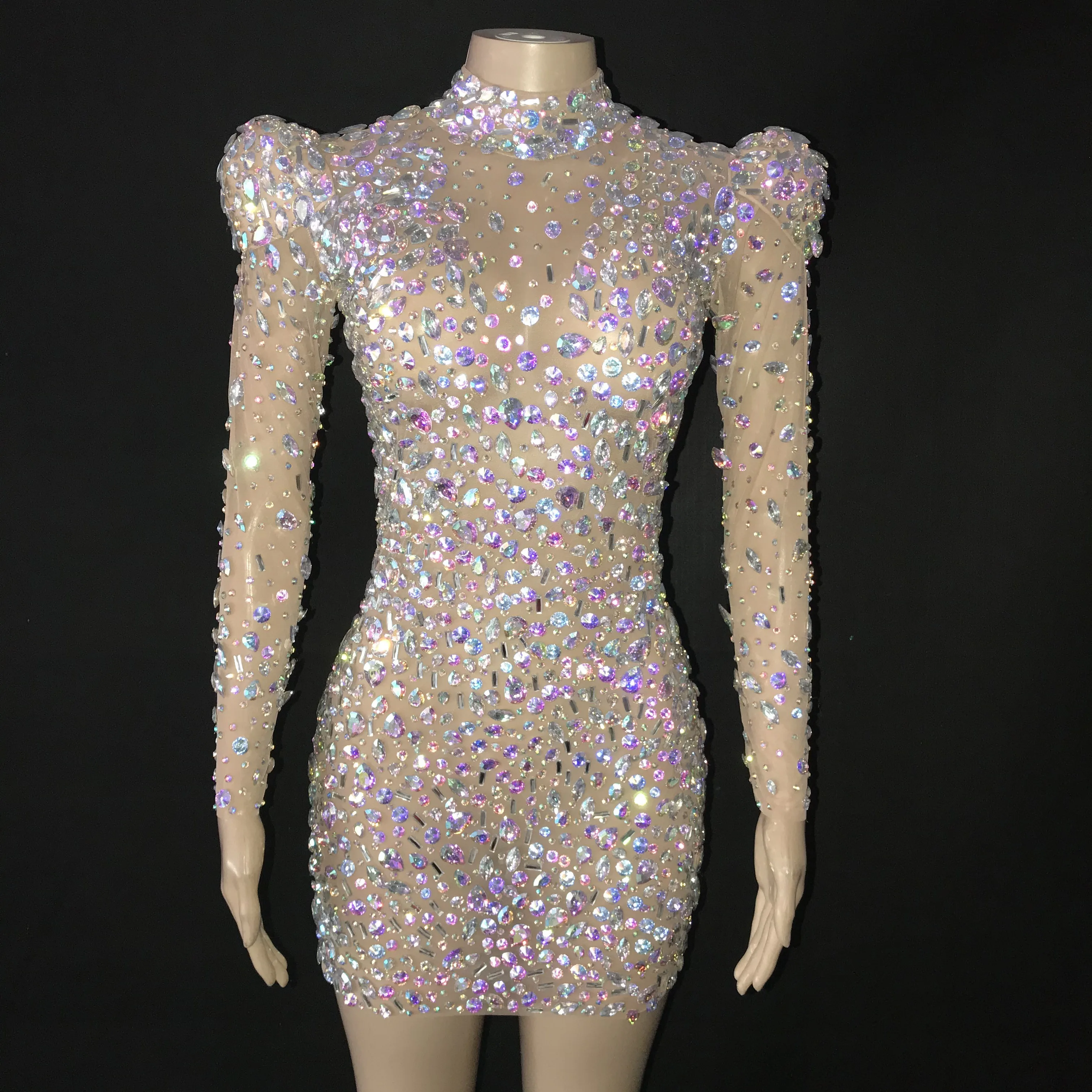Parlak AB Rhinestones Örgü Elbise Kadın Şarkıcı Performans Seksi Kostüm Akşam Doğum Günü Kutlamak Büyük Taşlar Renkli Elbise