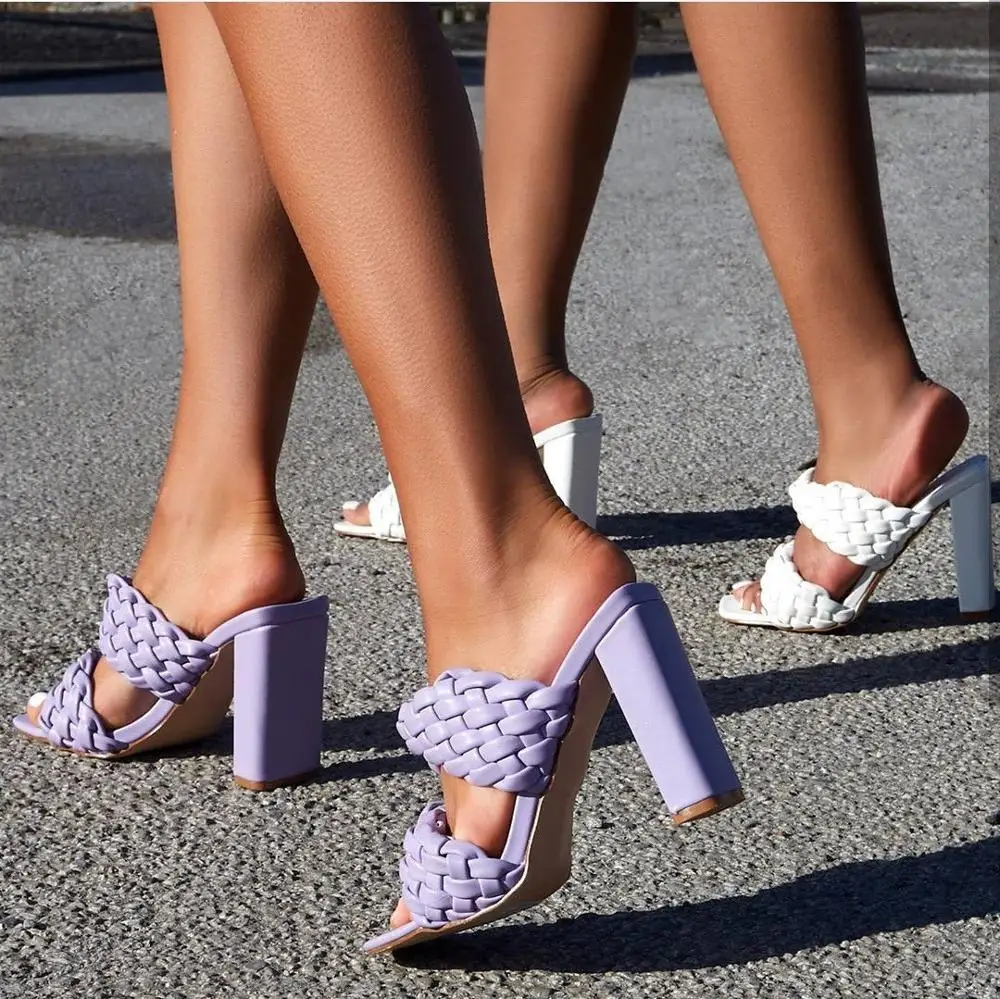 Pist stil Yaz Örgü Kadın Terlik Moda Kalın Yüksek topuklu Gladyatör Sandalet Açık Plaj Slaytlar Bayanlar Katır Ayakkabı