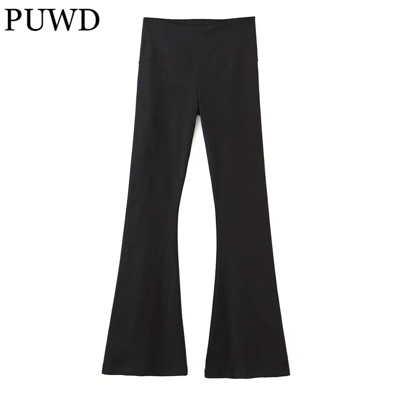 PUWD Zarif Kadınlar Yüksek Bel Polar uzun pantolon 2021 Sonbahar Moda Bayanlar Siyah Streetear Flare Pantolon Kadın Şık Pantolon