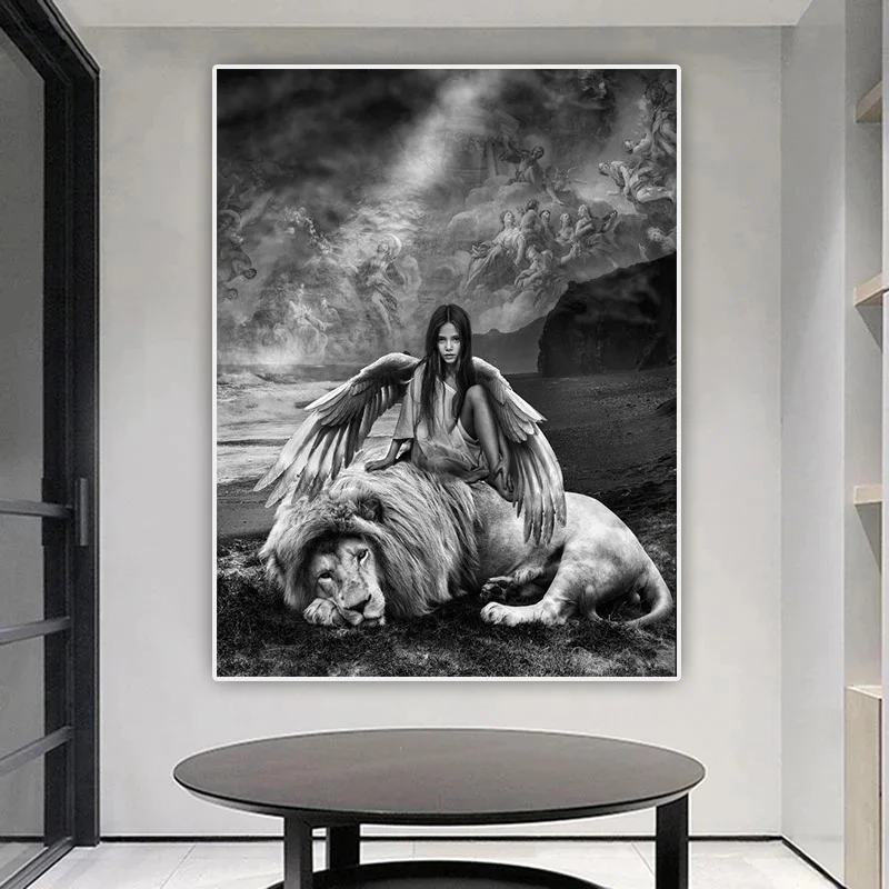 Retro Kız Melek Aslan sanat tuval boyama Siyah ve Beyaz Poster Baskı Duvar sanat resmi Oturma Odası Ev Dekor için Cuadros