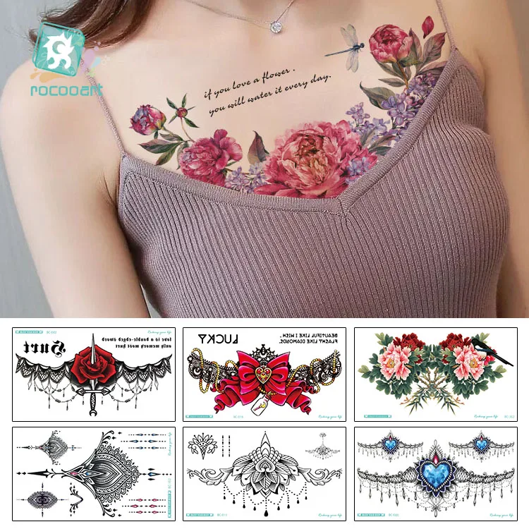 Rocooart Bel Mücevher Dövme Çelenk Çiçekler Sahte Dövme Göğüs Taty Elmas Su Geçirmez Geçici Dövme Etiket Kadınlar İçin Arka Kol