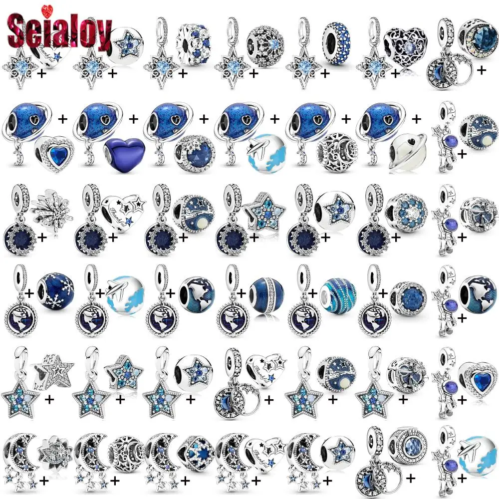 Seialoy 2 adet / grup Mavi Yıldız Kalp Charm Astronot Toprak Boncuklu Ay Uçak Kolye DIY Beacelets Aksesuar Hediyeler