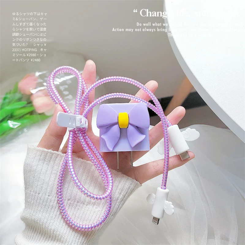 Sevimli 3D Yay-düğüm Kablo Koruyucu Veri Hattı Spiral Kablo Sarıcı Kulaklık Şarj Veri Kablosu Koruyucu Kapak Tel Kordon Koruyucu