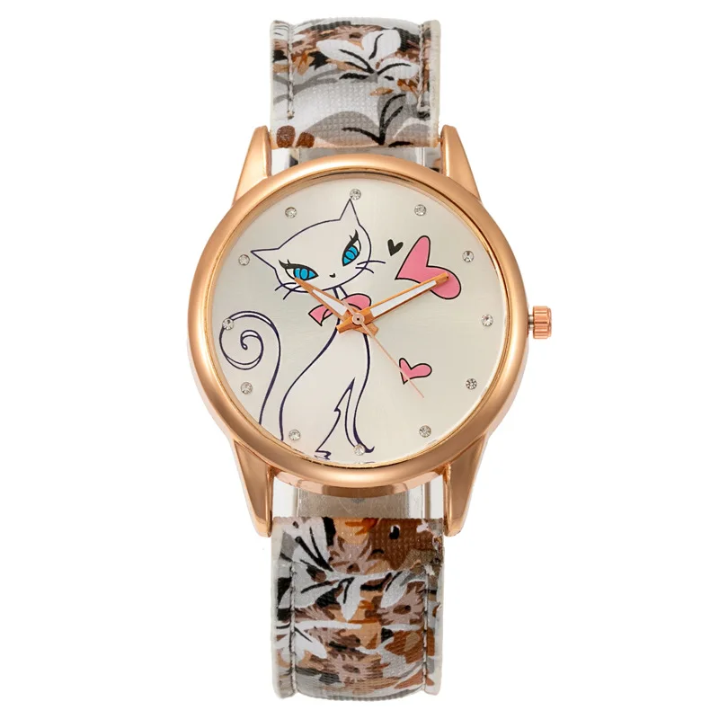 Sevimli Kedi Desen kadın Kol Saati Çiçek Baskı Bayanlar Saatler Moda Elbise kız çocuk saatleri Rhinestone Kuvars Deri Saat Yeni