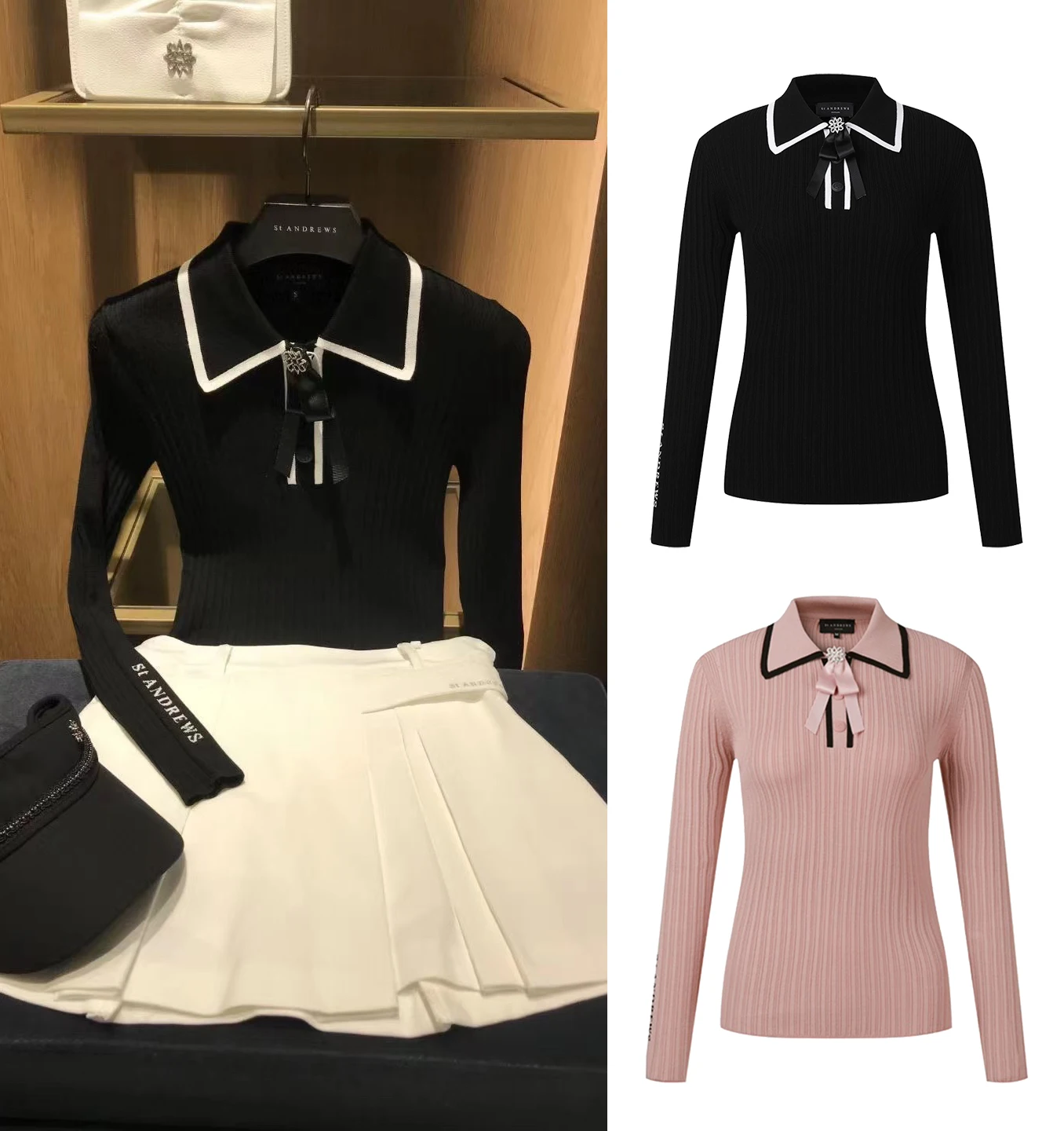 Sonbahar / Kış Yeni golf gömlekleri kadın Örgü POLO GÖMLEK Elastik Slim Fit Tasarım Örgü kaburga Gömlek Çift Dantel Yay İle Golf Üst