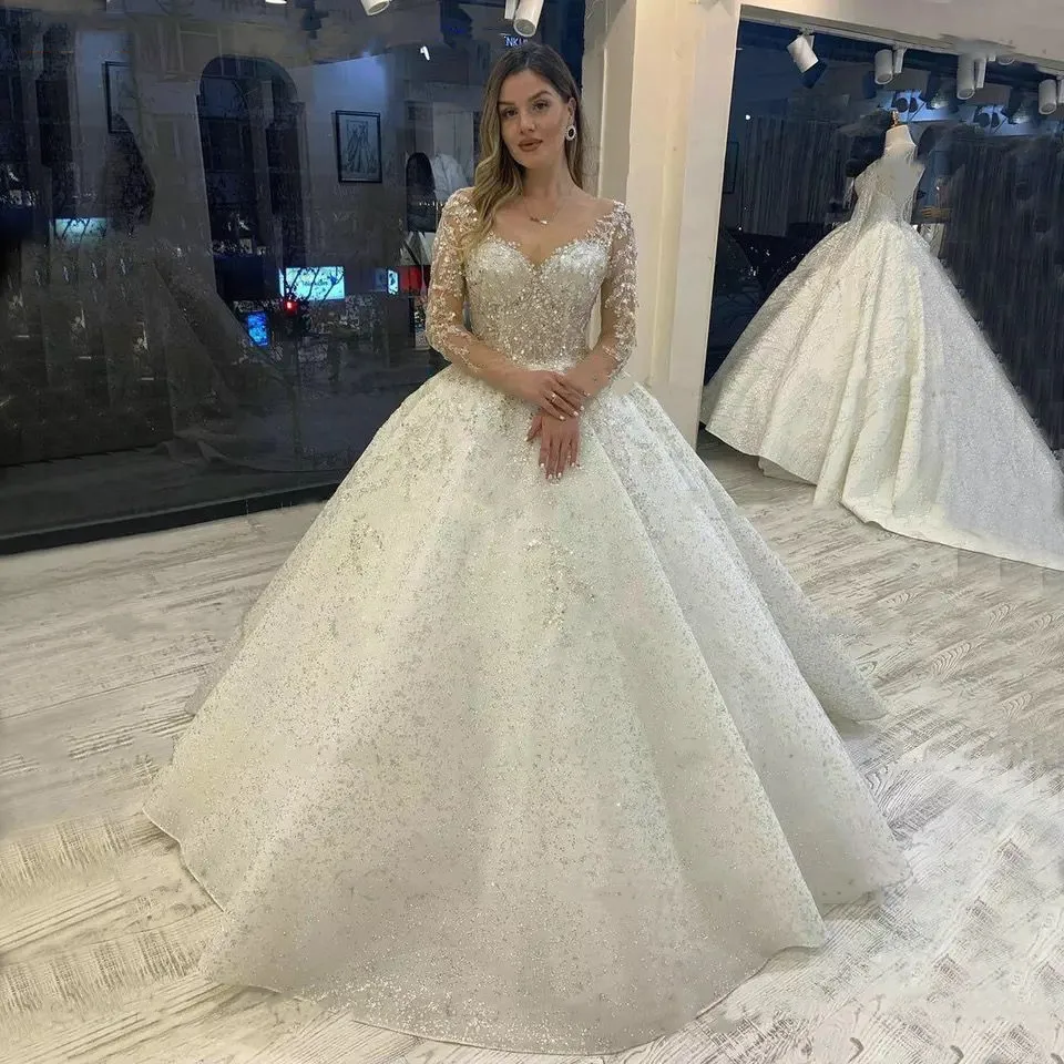 Sparkly Boncuk düğün elbisesi Uzun Kollu 2022 Vestido De Noiva Lace Up Pageant Boncuk gelinlikler Custom Made Hochzeitskleid