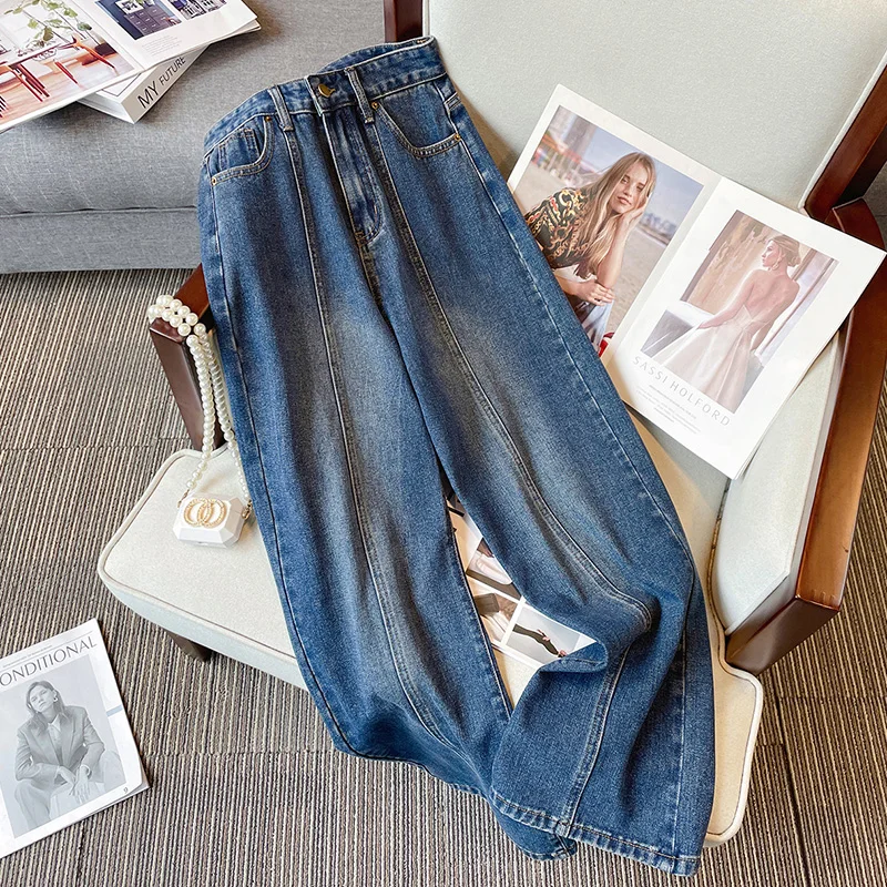 SuperAen Vintage Vintage Yıkanabilir Kot Büyük Gevşek Yüksek Bel Geniş Bacak Pantolon Kadınlar için 2023 Kış Kargo Kot