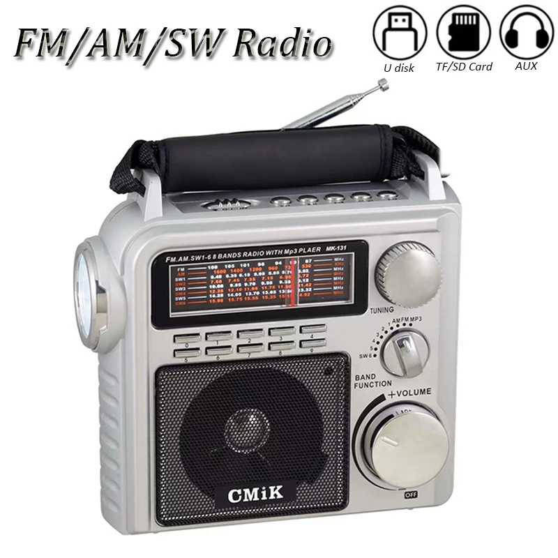 Taşınabilir Retro Tam Bant Radyo FM / AM / SW1-6 Bant Radyo Hoparlör MP3 Müzik Çalar ile El Feneri Desteği SD / TF Kart / USB / AUX Oyun