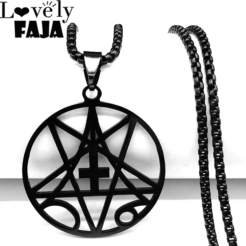 Ters Çapraz Gizli Pentagram Paslanmaz Çelik Bildirimi Kolye Kadınlar / Erkekler Siyah Renk Şeytani Gotik Şeytan Kolye Takı