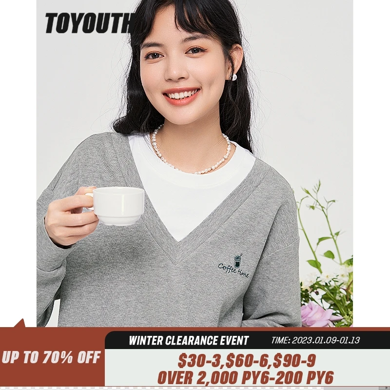 Toyouth Kadınlar Sahte İki Parçalı Tişörtü 2022 Sonbahar Uzun Kollu O Boyun Hoodies Dikiş Nakış Streetwear Kazak