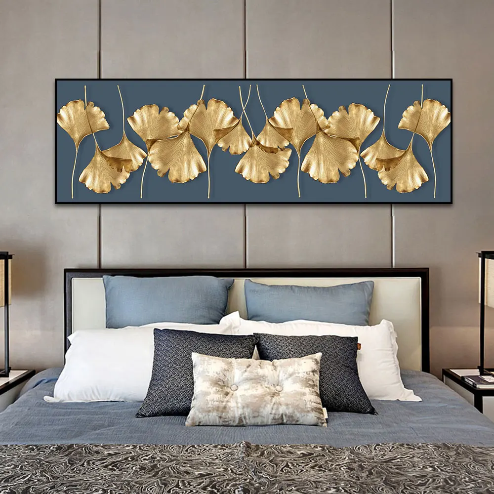Tuval Boyama Yanında Lüks Altın Yapraklar İskandinav Minimalist yatak odası dekoru sanat posterleri ve Baskılar Duvar Resimleri Ev Dekor için