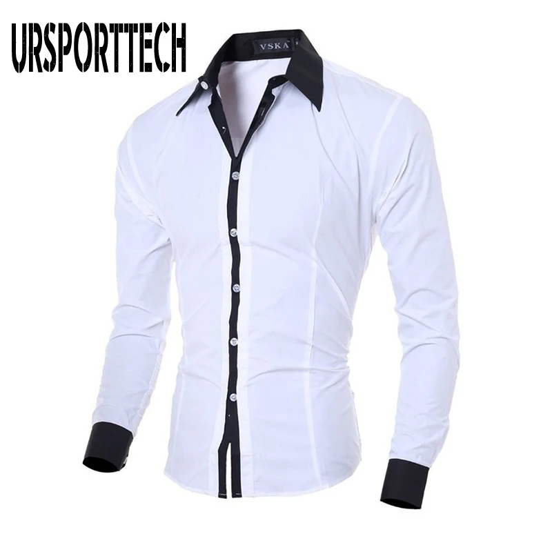 URSPORTTECH erkek gömleği Uzun Kollu Beyaz Üstleri Yeni Moda Katı Renk Casual Gömlek Slim Fit Düz Erkek Giyim Siyah Gri