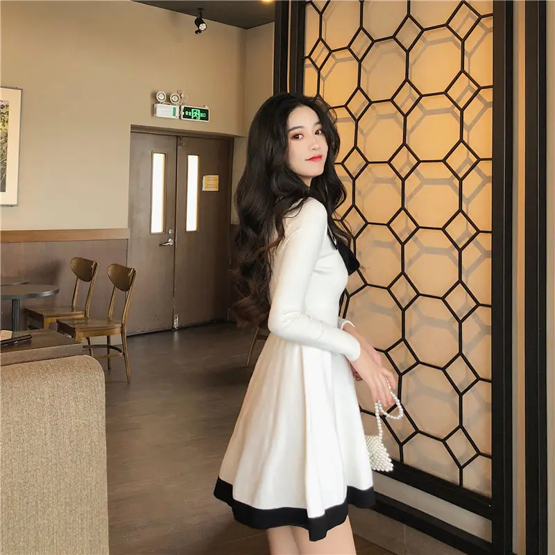 Uzun Kollu V Boyun Zarif Kazak Elbise Kadın Sonbahar Kış Gevşek Tunik Örme Rahat Moda Giyim Katı Elbiseler E15