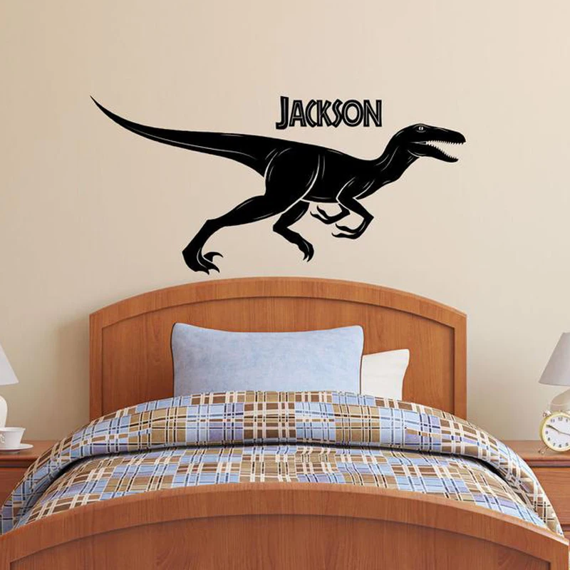 Velociraptor Duvar Çıkartması Kişiselleştirilmiş Adı Dinozor vinil yapışkan Jurassic Dekorasyon Çocuklar İçin Yatak Odası doğum günü hediyesi E46